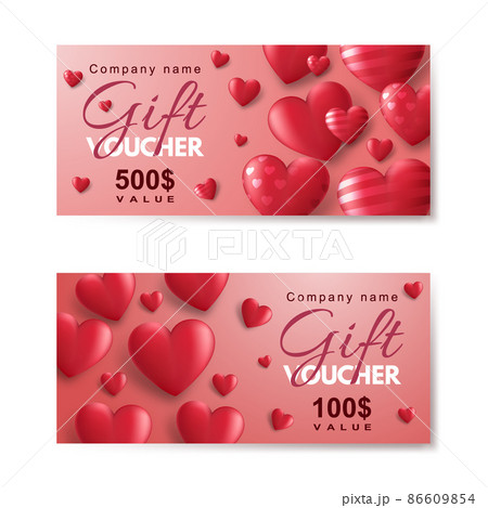 Set of gift vouchers with red 3d hearts. Template for a festive gift coupon, invitation and certificate. Vector Illustration Set of gift vouchers with red 3d hearts. Template for a festive gift coupon, invitation and certificate. Vector Illustration 86609854