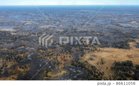 View from the plane of the Okavango Delta - swampy, shallow and the largest inland delta of the planet. 86611056