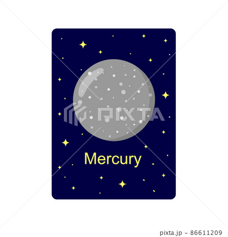Flashcard for kids with Mercury planet on dark starry background. Educational handout for schools and kindergartens for space learning Flashcard for kids with Mercury planet on dark starry background. Educational handout for schools and kindergartens for space learning 86611209