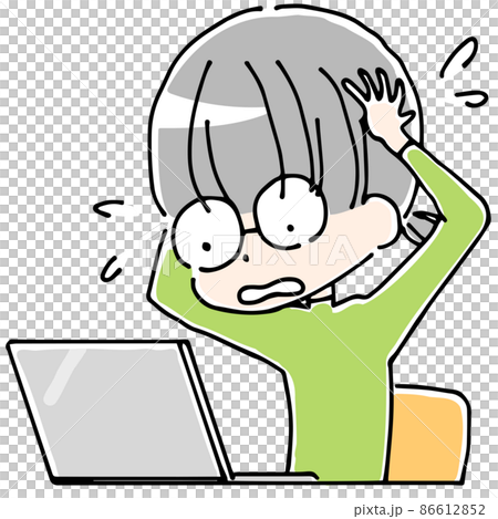 パソコンの前で慌てるメガネっ子 86612852