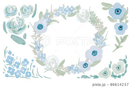 水彩画。水彩で描いた草木と花。青色系アネモネと薔薇の手描き花束リースフレーム。水彩画の装飾フレームセ 水彩画。水彩で描いた草木と花。青色系アネモネと薔薇の手描き花束リースフレーム。水彩画の装飾フレームセ 86614237