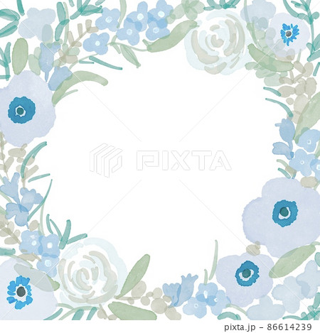 水彩画。水彩で描いた草木と花。青色系アネモネと薔薇の手描き花束フレーム。 86614239