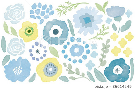 水彩画。水彩で描いた草木と花。北欧風の草木と花の水彩画イラスト。北欧柄。 86614249