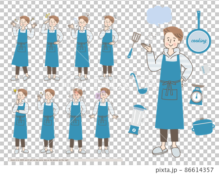 圍裙的年輕人的各種面部表情集 86614357