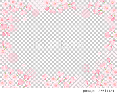 桜の花とドット・ストライプ柄の円の飾りフレーム 86614424