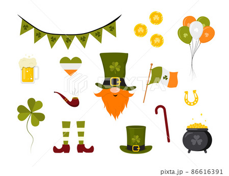 St. Patrick day collection. Cute festive elements. Vector illustration in flat cartoon style. Hand drawn icons for irish holiday 86616391