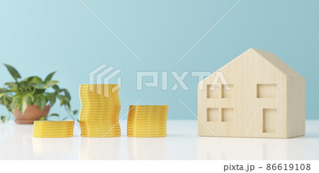 木製の住宅模型と金貨の3Dグラフィックス 住宅ローン・返済計画・ファイナンスのコンセプトイメージ 86619108