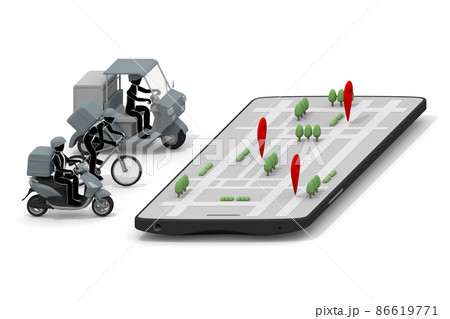 スマホとデリバリーアプリ。食べ物を配達する。地図に目的地を表示。配達でお金を稼ぐ。フードを運ぶ人物。 86619771