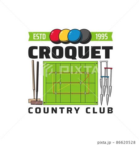Croquet icon with balls, mallets and hoops. Croquet country club, team or training school vector emblem, sport tournament or championship label, retro icon with game equipment and croquet court Croquet icon with balls, mallets and hoops. Croquet country club, team or training school vector emblem, sport tournament or championship label, retro icon with game equipment and croquet court 86620528