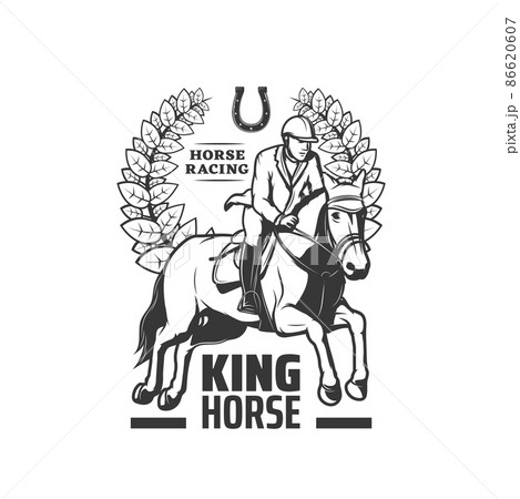 Horse racing icon, equestrian sport riding vector vintage label with jockey rider on hippodrome, laurel wreath and horseshoe. Professional stable, horseback race sports isolated monochrome emblem 86620607