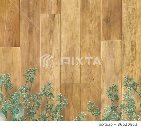 ぬくもりのある色調の木目の板と植物の壁紙や背景素材のイラスト素材