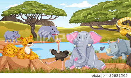 Wild animals in savanna forest landscape 86621565