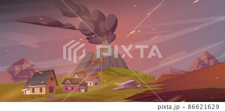 Volcano eruption scene with cottages, disaster Volcano eruption scene with cottages, disaster 86621629