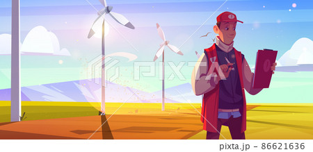 Wind turbine technician man work on energy farm Wind turbine technician man work on energy farm 86621636