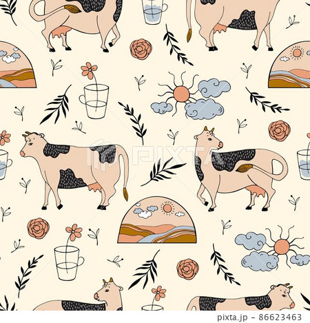 Cows, flowers, milk can, sun and clouds. Seamless agricultural pattern. Cows, flowers, milk can, sun and clouds. Seamless agricultural pattern. 86623463