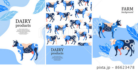 Sample brochure. Agricultural background. Silhouettes of cows and leaves. 86623478