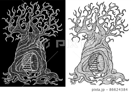 Black and white mystic fantasy tree line art vector illustration with door, occult and esoteric symbols. Black and white mystic fantasy tree line art vector illustration with door, occult and esoteric symbols. 86624384