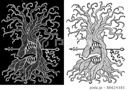 Black and white mystic fantasy tree line art vector illustration with occult and esoteric symbols Black and white mystic fantasy tree line art vector illustration with occult and esoteric symbols 86624385