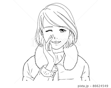 ダウンコートを着た女性②(内緒話,ウインク,線画) ダウンコートを着た女性②(内緒話,ウインク,線画) 86624549
