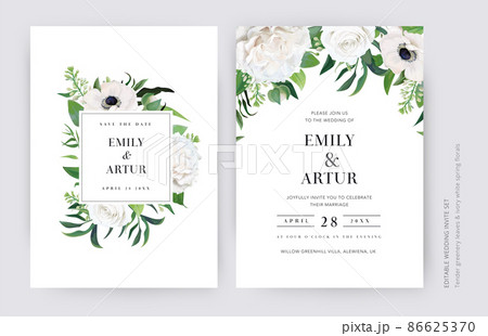 Neutral, vector, floral wedding invite, save the date card set. Spring white rose flowers, anemone, delicate lilac branches, green eucalyptus leaves decorative bouquet frame, border. Editable template Neutral, vector, floral wedding invite, save the date card set. Spring white rose flowers, anemone, delicate lilac branches, green eucalyptus leaves decorative bouquet frame, border. Editable template 86625370