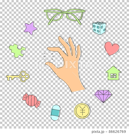 Illustrations of hands and various items 86626769