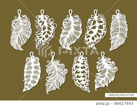 Set of pendants in the shape of leaf, feather. Beautiful hanging decoration, ornaments with lace pattern. Vector template for cnc, plotter laser cutting of jewelry, key chains, accessories, bijouterie 86627693