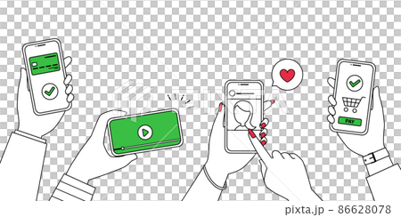 Vector illustrations of people doing sns, videos, cashless payments and online shopping on their smartphones Vector illustrations of people doing sns, videos, cashless payments and online shopping on their smartphones 86628078