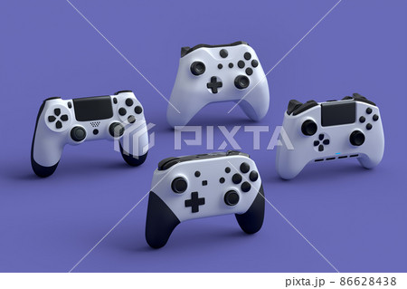Set of standing gamer joysticks or gamepads on purple background with blur. 3d rendering of accessories for live streaming concept top view 86628438