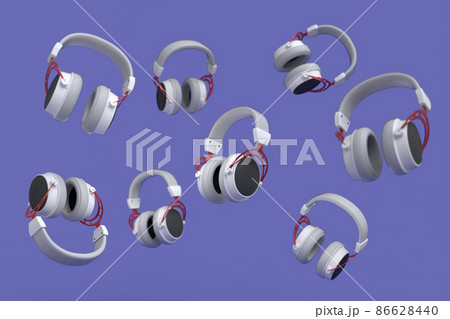 Flying gamer headphones or headset on purple background. 3d rendering of accessories for live streaming concept top view Flying gamer headphones or headset on purple background. 3d rendering of accessories for live streaming concept top view 86628440