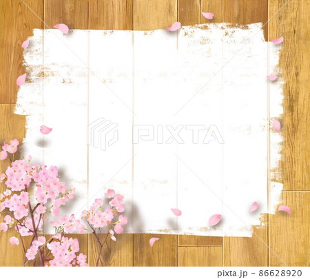白いペンキを塗ったぬくもりのある色調の木目の板に桜の木の枝と花びらの散る壁紙背景素材 白いペンキを塗ったぬくもりのある色調の木目の板に桜の木の枝と花びらの散る壁紙背景素材 86628920