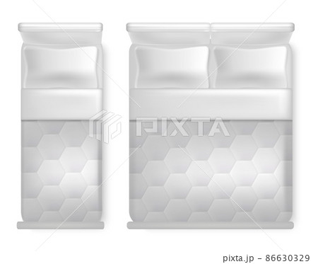 Realistic Detailed 3d Single and Double Beds with Pillow, Blanket Empty Template Mockup Set. Vector illustration 86630329