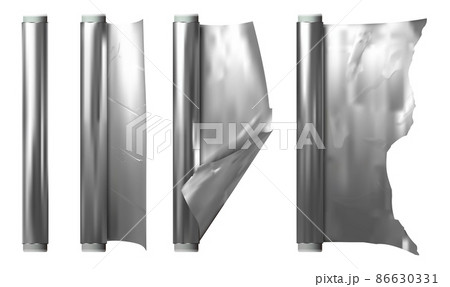 Realistic Detailed 3d Coil or Roll of Silver Aluminium Foil Set Opened and Closed View. Vector illustration 86630331