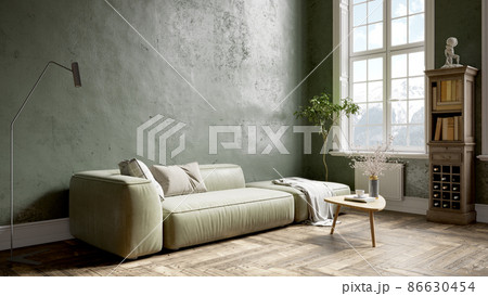 Modern beautiful interior of the room with colored walls, large windows and stylish furniture. Bright and stylish design. 3D rendering 86630454