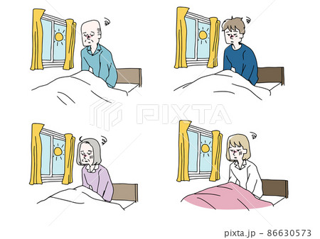 睡眠に問題を抱えている人物のセット コミカルな手書きの人物イラスト ベクター線画にシンプルな色つけ 睡眠に問題を抱えている人物のセット コミカルな手書きの人物イラスト ベクター線画にシンプルな色つけ 86630573