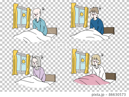 睡眠に問題を抱えている人物のセット コミカルな手書きの人物イラスト ベクター線画にシンプルな色つけ 睡眠に問題を抱えている人物のセット コミカルな手書きの人物イラスト ベクター線画にシンプルな色つけ 86630573