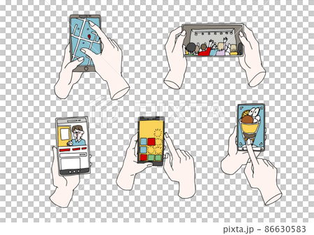A set of hands that use various functions on a smartphone, a comical handwritten person vector, and simple coloring of line drawings. 86630583