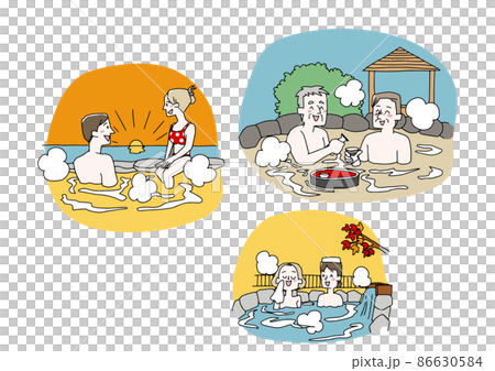 A set of people who enjoy soaking in an outdoor hot spring, a comical handwritten person, a vector, and simple coloring of line drawings. 86630584