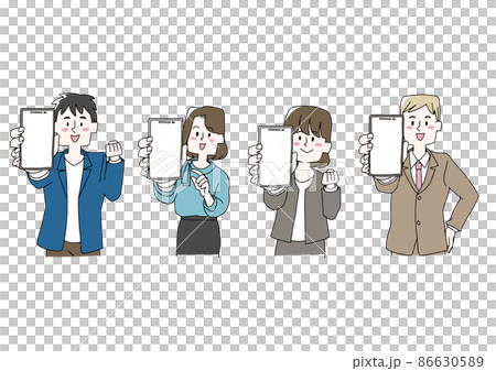 A set of people who are showing the screen of their smartphone here Comical handwritten people 86630589