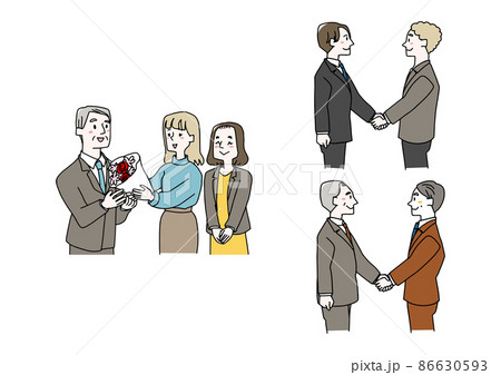 出会いと別れのシーンに使えるビジネスイラストのセット 温かみのある手描きの人物 白バックにベクター 出会いと別れのシーンに使えるビジネスイラストのセット 温かみのある手描きの人物 白バックにベクター 86630593
