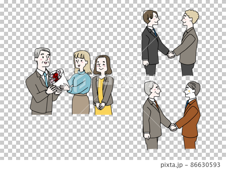 出会いと別れのシーンに使えるビジネスイラストのセット 温かみのある手描きの人物 白バックにベクター 出会いと別れのシーンに使えるビジネスイラストのセット 温かみのある手描きの人物 白バックにベクター 86630593