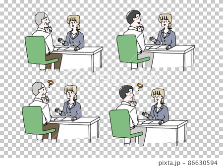 一群男人在櫃檯旁聽年輕女員工的講解。溫暖的手寫人物插圖。 86630594