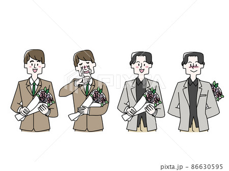 花束を持っている男性のセット　渡す方でももらう方でも　暖かみのある手書きのイラスト　白バックにベクタ 86630595