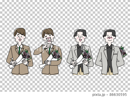 一組男人拿著一束鮮花，為送禮者和收禮者提供溫暖的手寫插圖 白色背景上的矢量 86630595