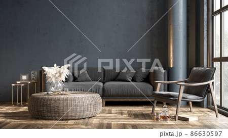 Modern beautiful interior with columns, colored wall and stylish furniture. Bright loft design. 3D rendering 86630597