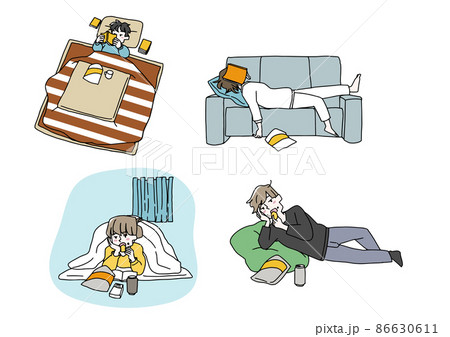 ダラダラとした毎日を送る人々のセット コミカルな手書きの人物 ベクター 線画にシンプルな色つけ のイラスト素材