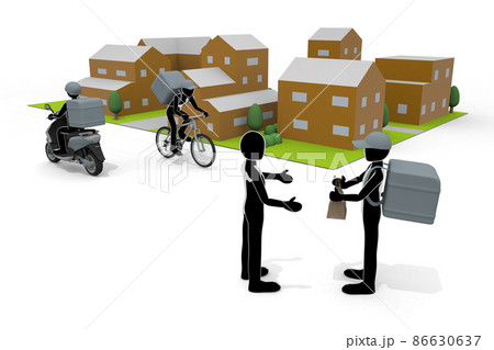料理を配達する仕事。スピード早く届ける。バイクで料理をデリバリー。宅配アルバイトをする人物。 86630637