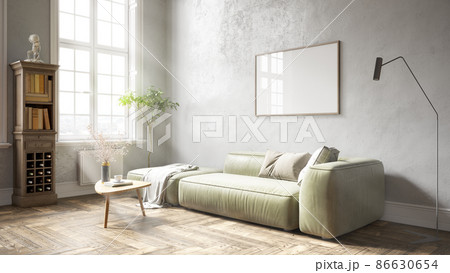 Modern beautiful interior of the room with white walls, large windows and stylish furniture. Bright and stylish design. 3D rendering 86630654