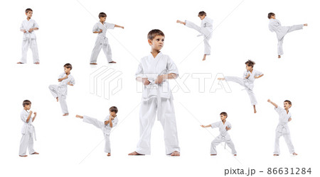 Full-length portrait of little boy, motivated sportsman in white kimono training isolated over white background. Collage 86631284