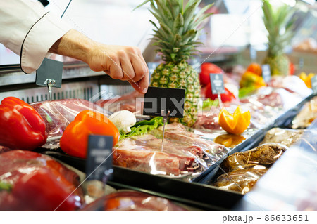 Male hand putting price tag on display of meat in shop, copy space 86633651