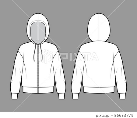 Zip-up Hoody sweatshirt technical fashion illustration with long sleeves, oversized body, cuff, drawstring. Flat apparel Zip-up Hoody sweatshirt technical fashion illustration with long sleeves, oversized body, cuff, drawstring. Flat apparel 86633779